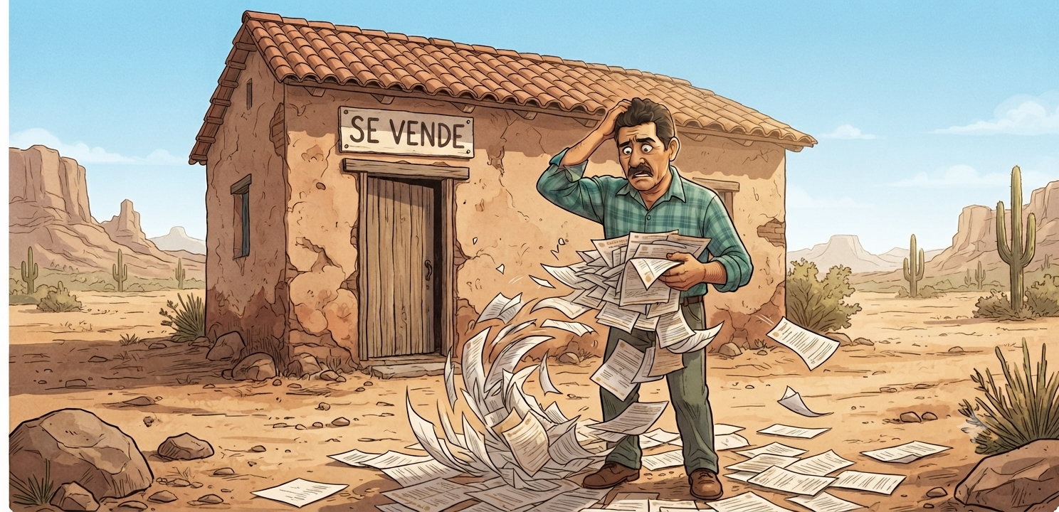 Illustrierter Mann vor einem Haus mit „Se Vende"-Schild, umgeben von durcheinandergewirbelten Dokumenten – Sinnbild für das Papierchaos beim Grundstückskauf in Mexiko