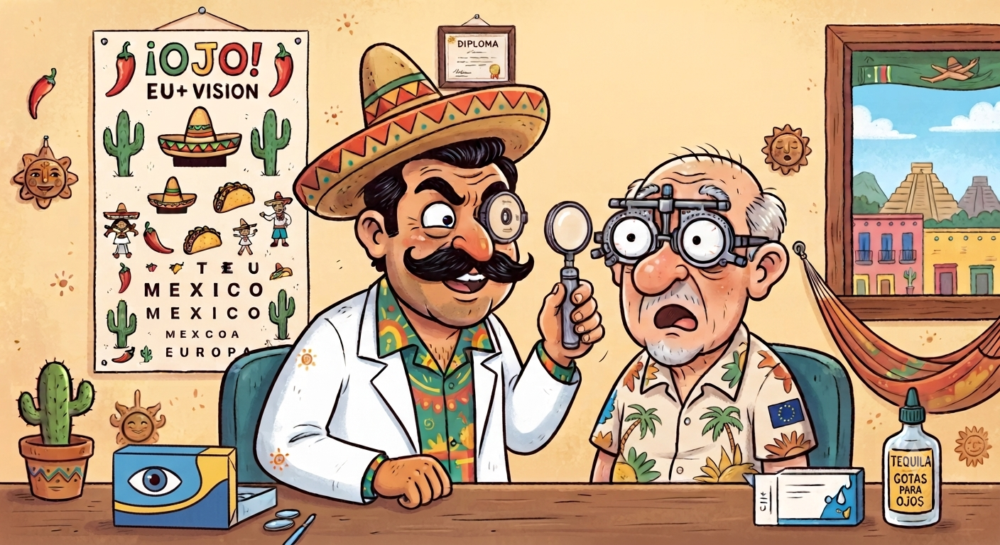 Comic-Illustration: Augenarzt mit Sombrero untersucht die Augen eines Auswanderers in Mexiko