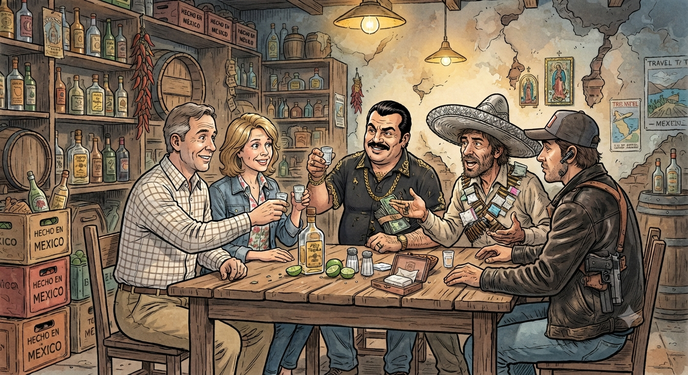 Comicartige Illustration, die das gängige Mexiko-Klischee mit Kartell-Figuren, Waffen und Geld satirisch überzeichnet darstellt