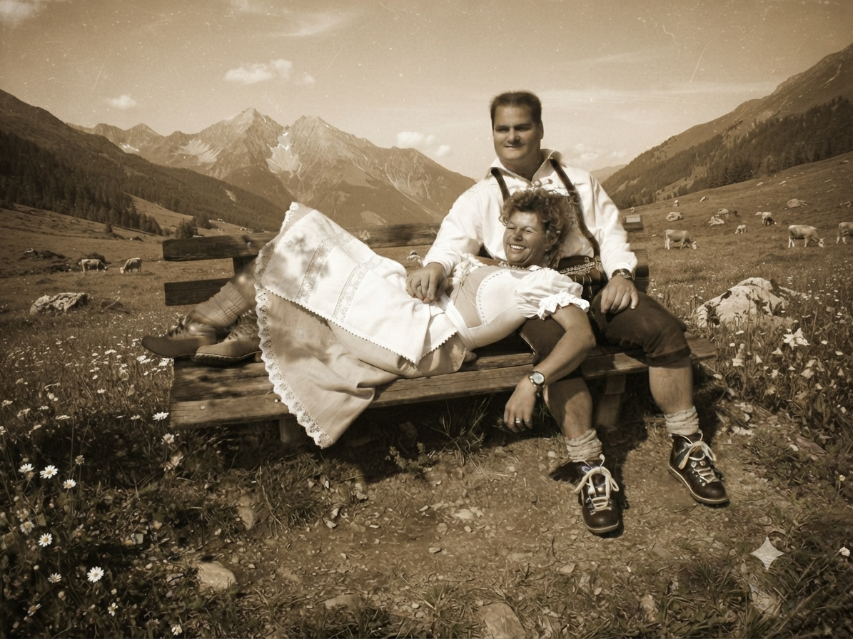 Sabine und Romed in Tracht auf einer Bank in den Bergen