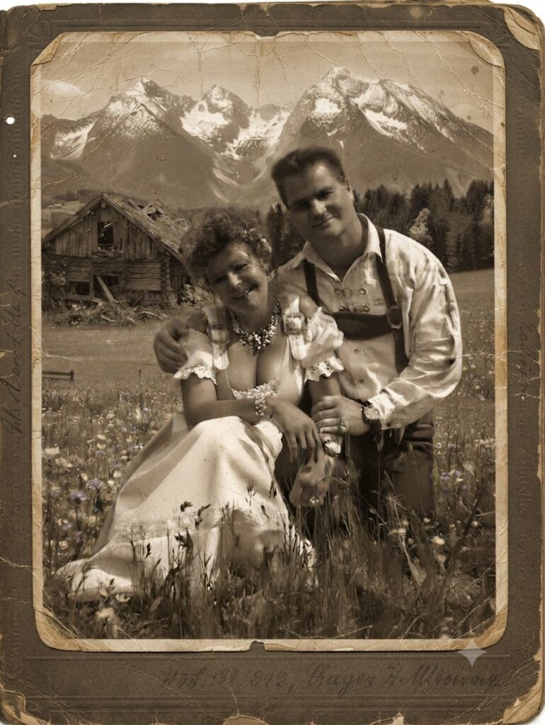 Sabine und Romed in Tracht vor den Bergen, Vintage-Foto