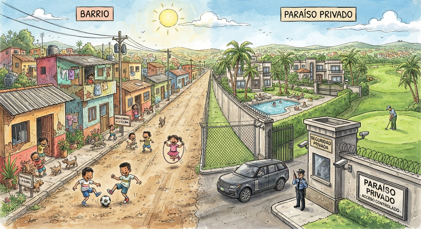 Kontrast zwischen einfachem mexikanischem Barrio und abgeriegeltem Paraíso Privado auf der Baja California
